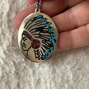 Native American Indian Chief Silver Pendant with Turquoise and Red Coral Accents